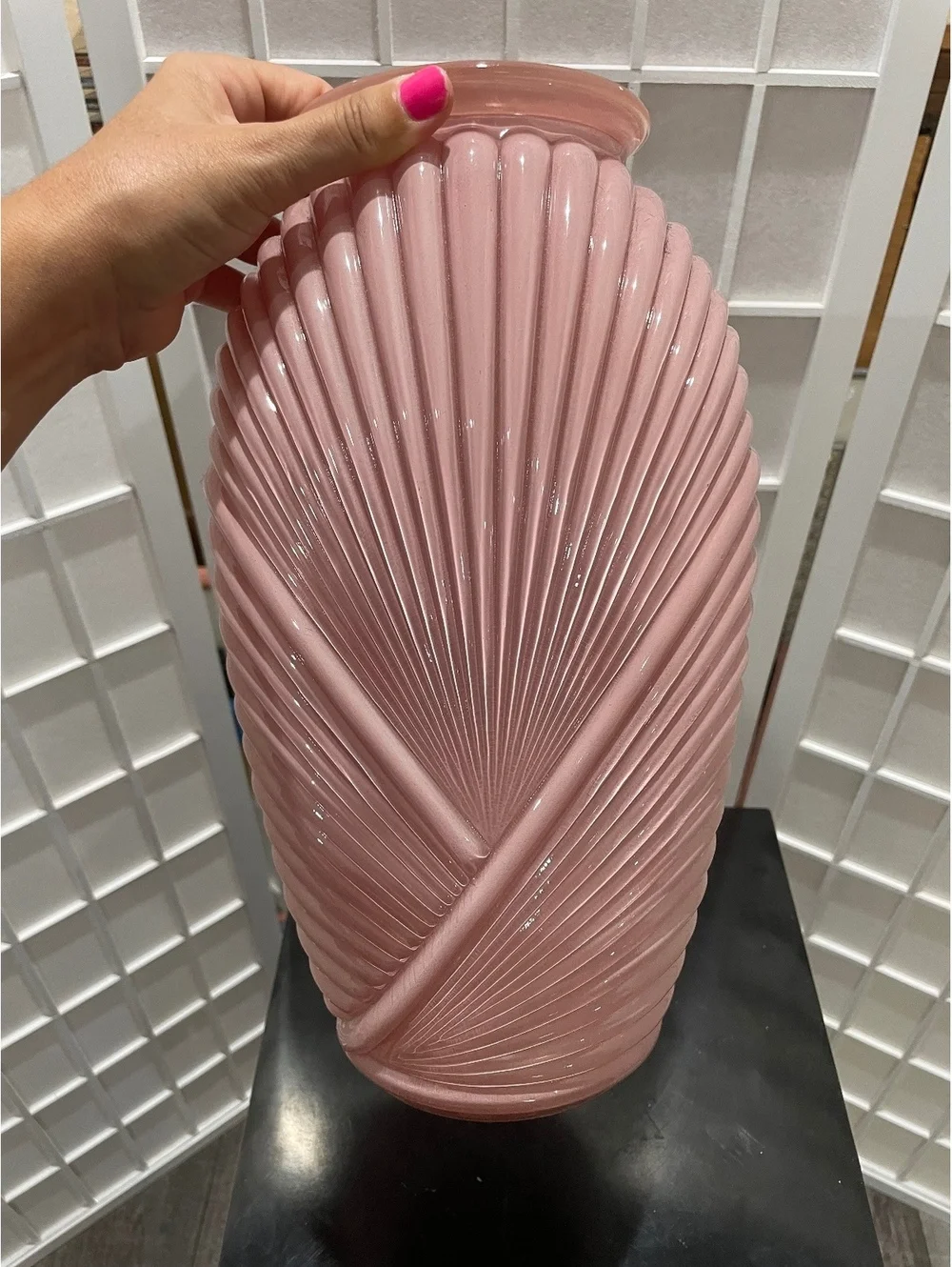 Vintage Pink Glass Art Deco Style Vase with Ribbed Design